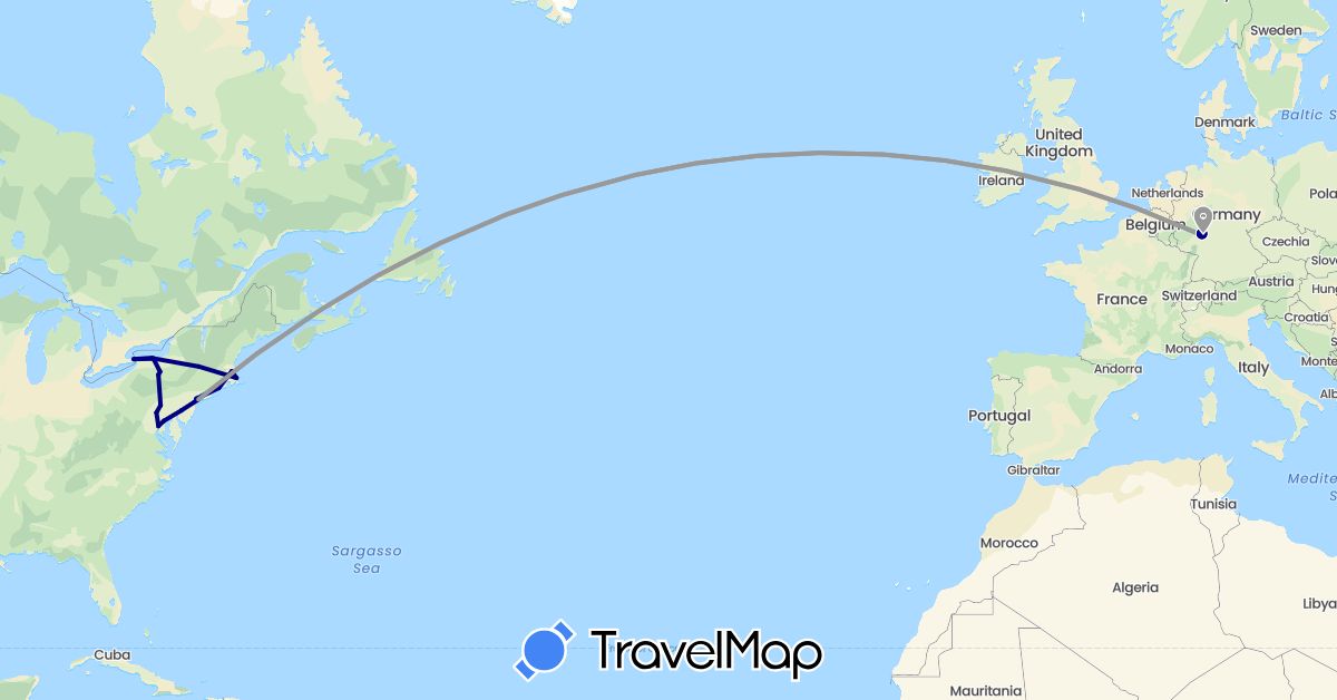 TravelMap itinerary: driving, plane in Canada, Germany, United States (Europe, North America)