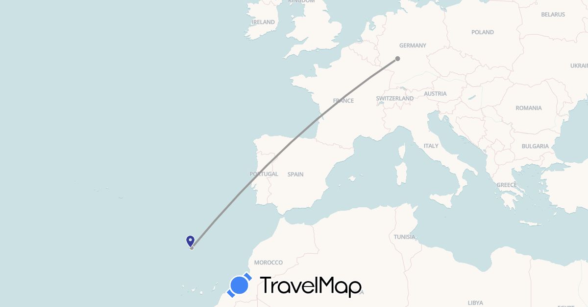 TravelMap itinerary: driving, plane in Germany, Portugal (Europe)